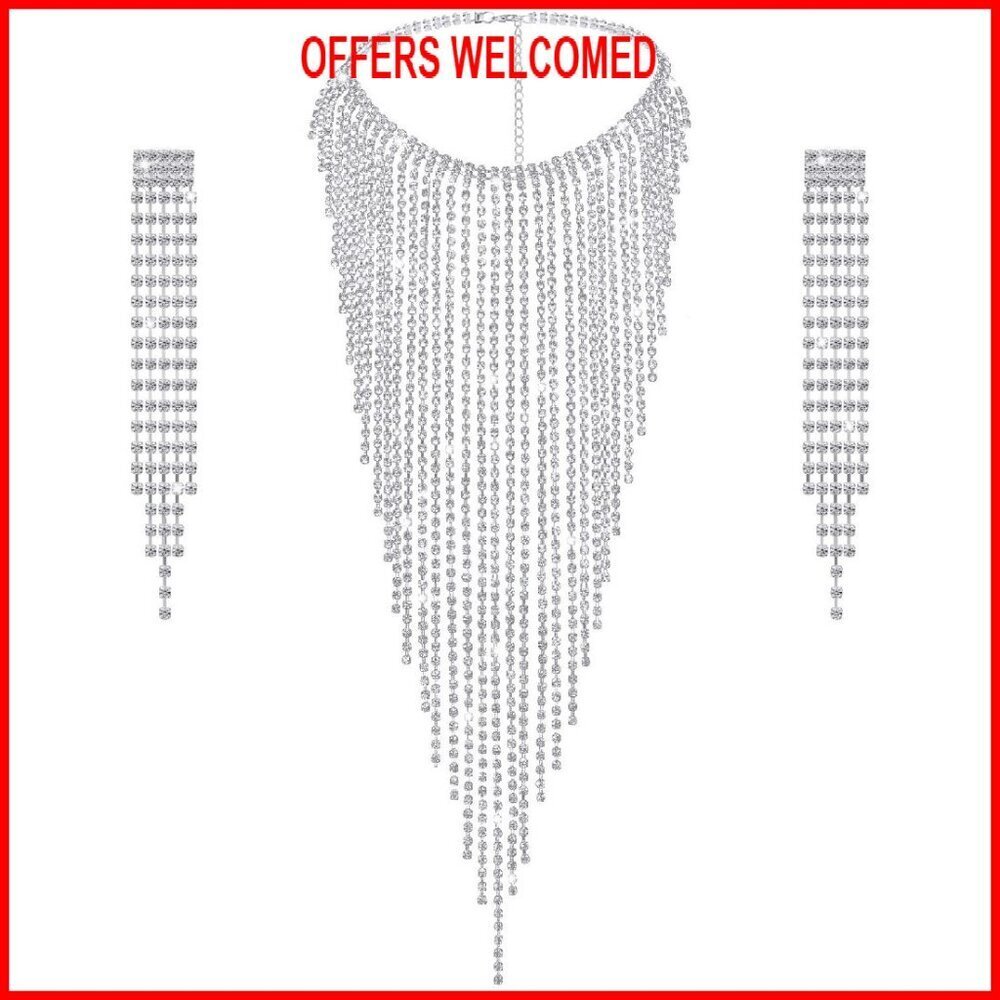 Adjustable Tassel Rhinestone Necklace Earrings Set Wedding Party Jewelry